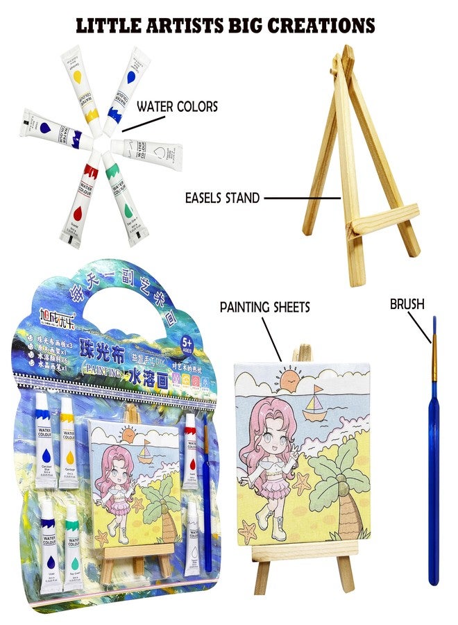 PARTEET DIY Painting Set with Mini Wooden Easel Stand, 6 Watercolors, 3 Painting Sheets, Paint Brushes, Creative Art Supplies Kit for Kids DIY Activity & Birthday Gift (Mix Design) - Image 3